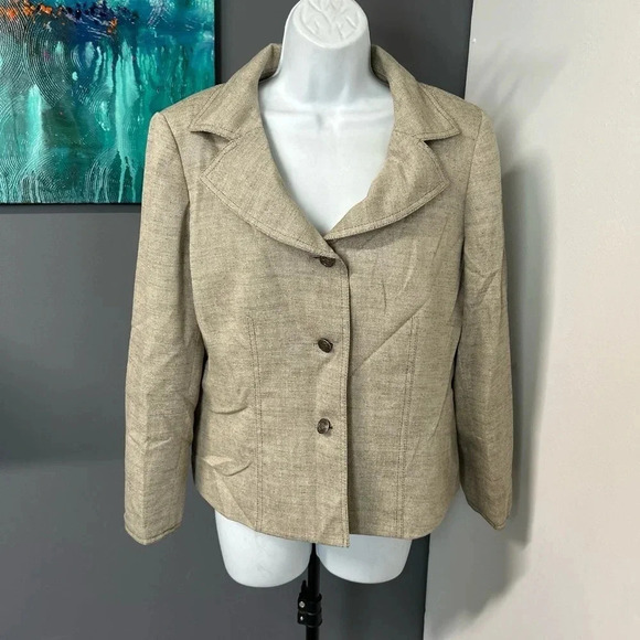 Kasper Blazer Women’s Size 12 Khaki Button 3/4 Flip Cuff Sleeve Corporate Preppy - Picture 1 of 14